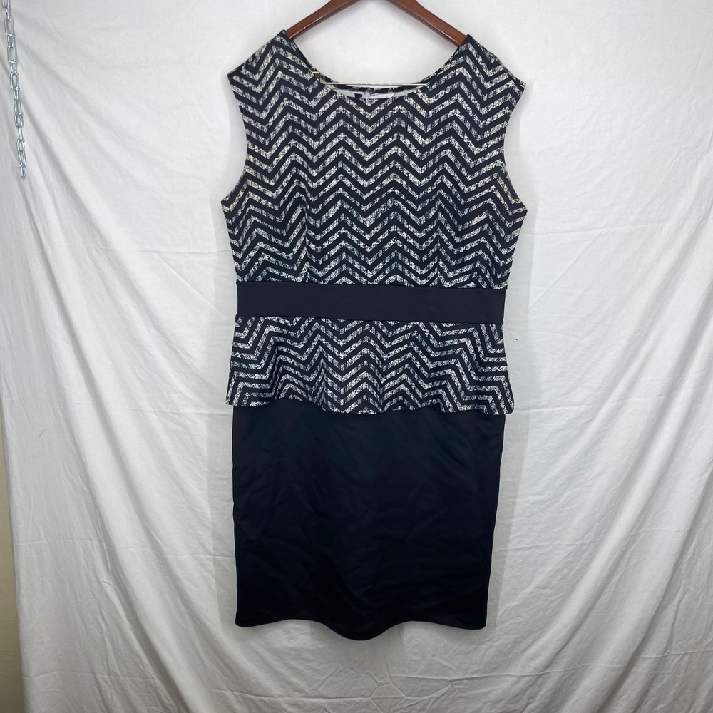 Studio AA Womens 16W Black White Chevron Peplum Sheath Dress Sleeveless Workwear